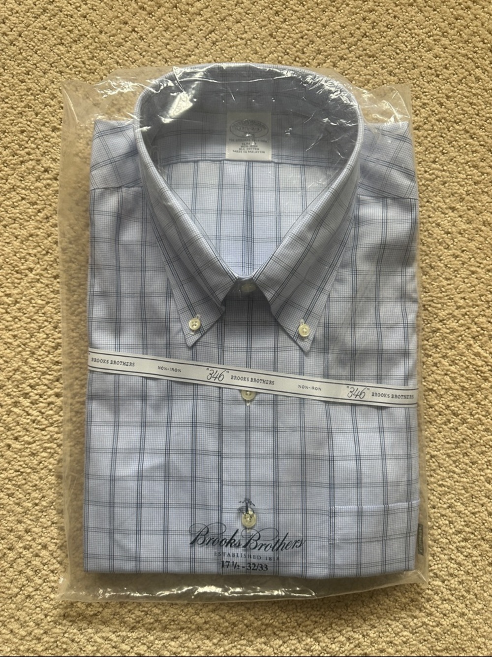 Brooks Brothers Blue and White Cotton Windowpane Slim Fit Dress Shirt 17.5-32/33